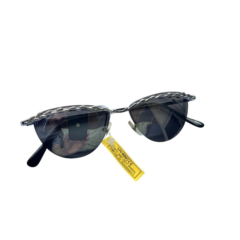 Y2K Rimless Sunglasses Silver Mirror Lens Gold Chain Frame Tortoise Retro NOS